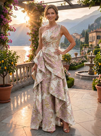 Floral Print A-Line/Princess One Shoulder Floor-Length Evening Dresses with Ruffles