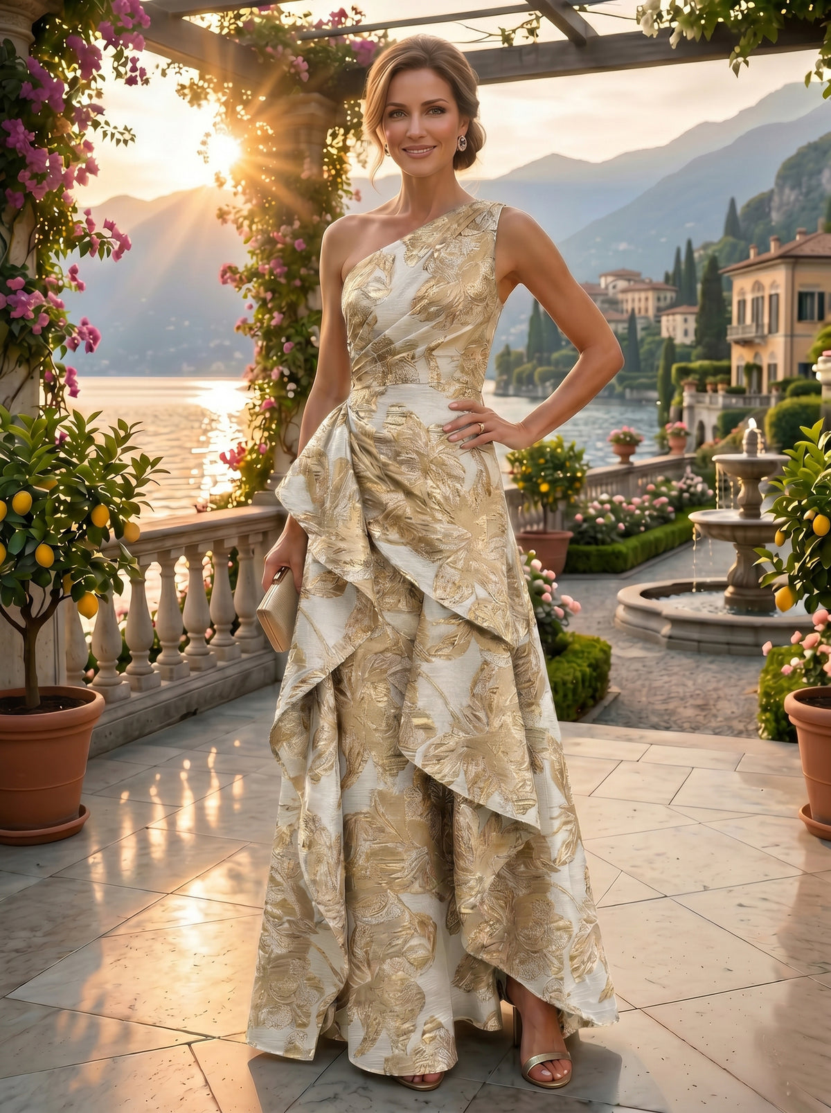 Floral Print A-Line/Princess One Shoulder Floor-Length Evening Dresses with Ruffles