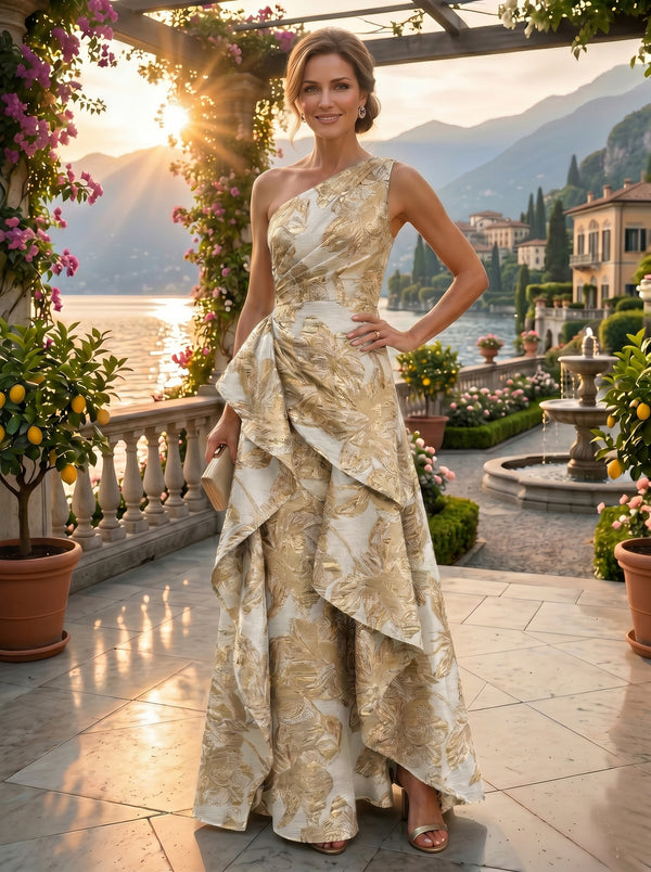 Floral Print A-Line/Princess One Shoulder Floor-Length Evening Dresses with Ruffles