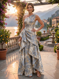 Floral Print A-Line/Princess One Shoulder Floor-Length Evening Dresses with Ruffles