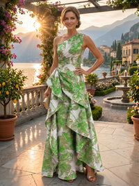 Floral Print A-Line/Princess One Shoulder Floor-Length Evening Dresses with Ruffles