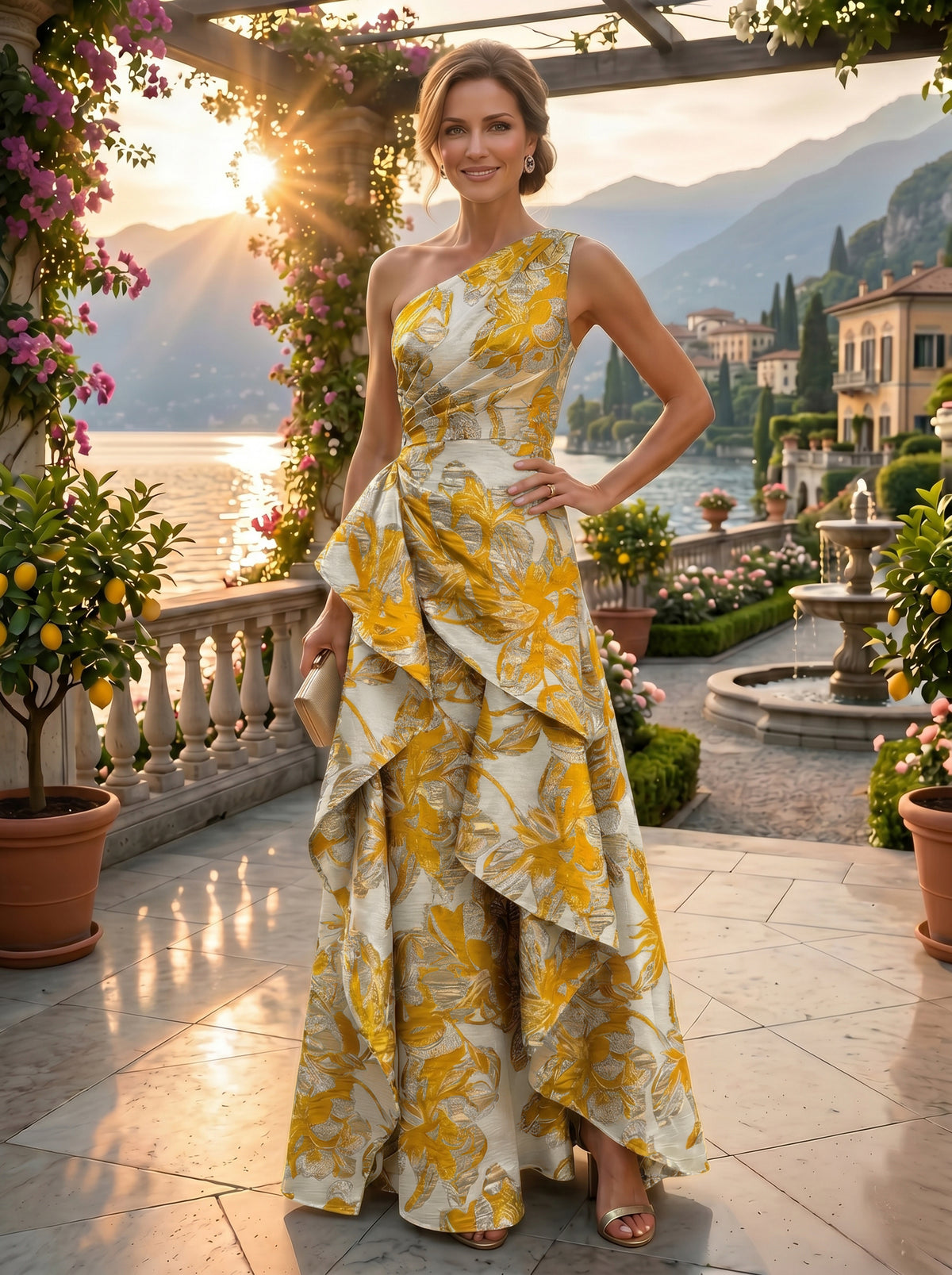 Floral Print A-Line/Princess One Shoulder Floor-Length Evening Dresses with Ruffles