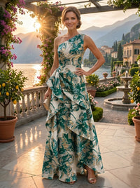 Floral Print A-Line/Princess One Shoulder Floor-Length Evening Dresses with Ruffles