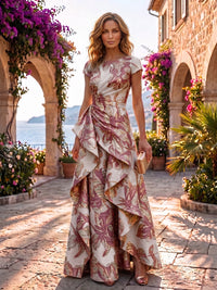 Jacquard A-Line/Princess Scoop Neck Floor-Length Evening Dresses with Ruffles & Ruched Waist