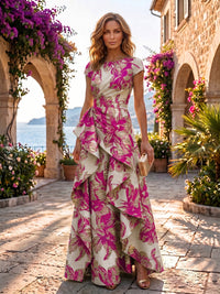 Jacquard A-Line/Princess Scoop Neck Floor-Length Evening Dresses with Ruffles & Ruched Waist