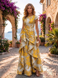 Jacquard A-Line/Princess Scoop Neck Floor-Length Evening Dresses with Ruffles & Ruched Waist