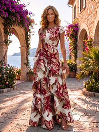 Jacquard A-Line/Princess Scoop Neck Floor-Length Evening Dresses with Ruffles & Ruched Waist