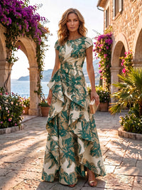 Jacquard A-Line/Princess Scoop Neck Floor-Length Evening Dresses with Ruffles & Ruched Waist