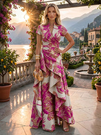 Jacquard A-Line/Princess V-Neck Short Sleeves Floor-Length Evening Dresses with Ruffles & Ruched Waist