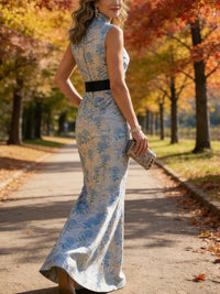 Mermaid Long Sleeve Jacquard Maxi Mother of the Bride Dresses with Belt Formal Collared Gown