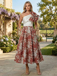 Floral Jacquard A-Line Tea-Length Mother of the Bride & Groom Dresses One Shoulder Evening Gowns with Bow