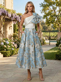 Floral Jacquard A-Line Tea-Length Mother of the Bride & Groom Dresses One Shoulder Evening Gowns with Bow