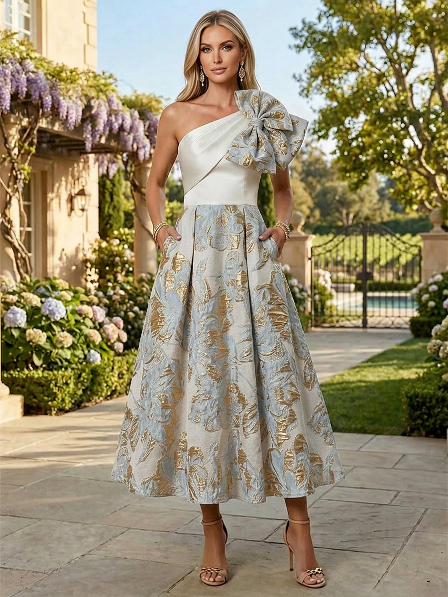 Floral Jacquard A-Line Tea-Length Mother of the Bride & Groom Dresses One Shoulder Evening Gowns with Bow