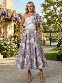 Floral Jacquard A-Line Tea-Length Mother of the Bride & Groom Dresses One Shoulder Evening Gowns with Bow