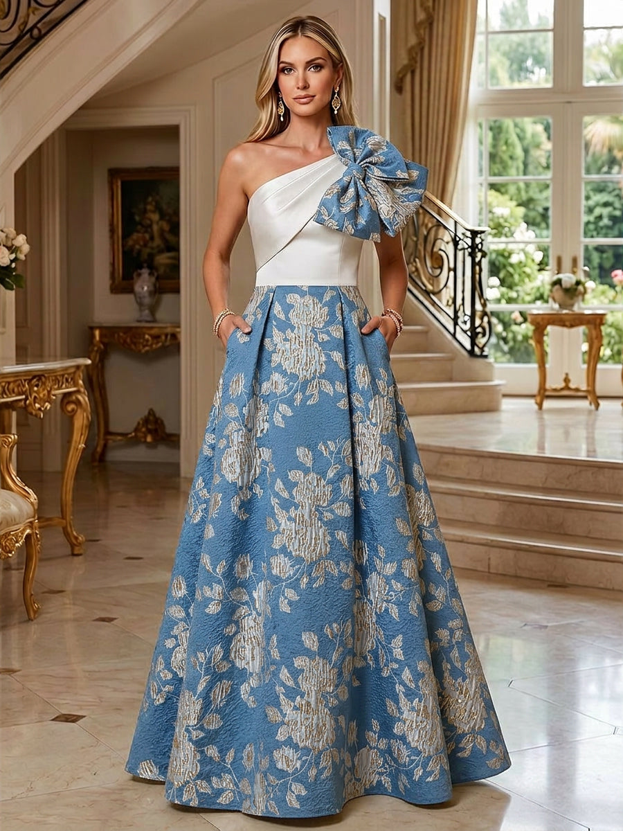 Shirees Ocean Blue A-Line Floral Jacquard One Shoulder Mother of the Bride & Groom Dresses Floor-Length Evening Gowns with Bow 2026