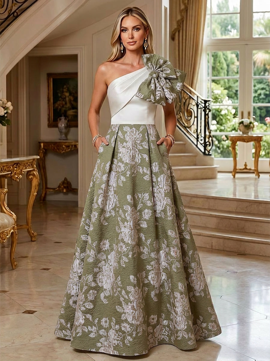olive green mother of the groom dress Shirees Olive Green A-Line Floral Jacquard One Shoulder Mother of the Bride & Groom Dresses Floor-Length Evening Gowns with Bow 2026