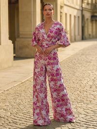 Jacquard Pantsuit V-Neck Floor-Length Formal Dresses with Ruched Waist