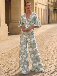 Jacquard Pantsuit V-Neck Floor-Length Formal Dresses with Ruched Waist