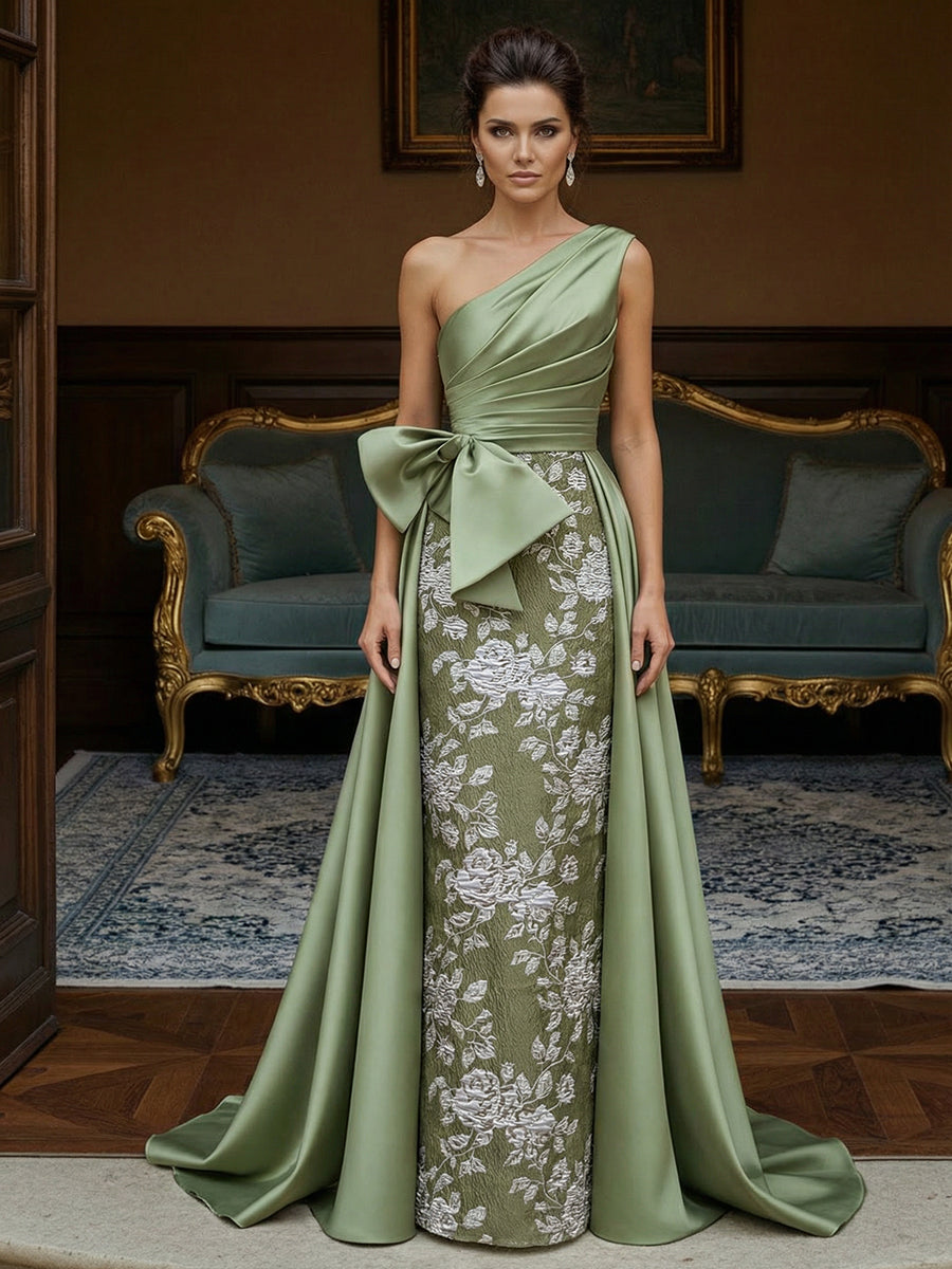Jacquard Sheath One-Shoulder Ruched Long Evening Dresses with Bow