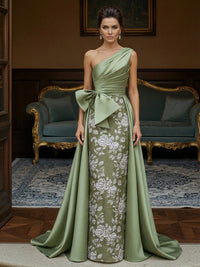 Jacquard Sheath One-Shoulder Ruched Long Evening Dresses with Bow