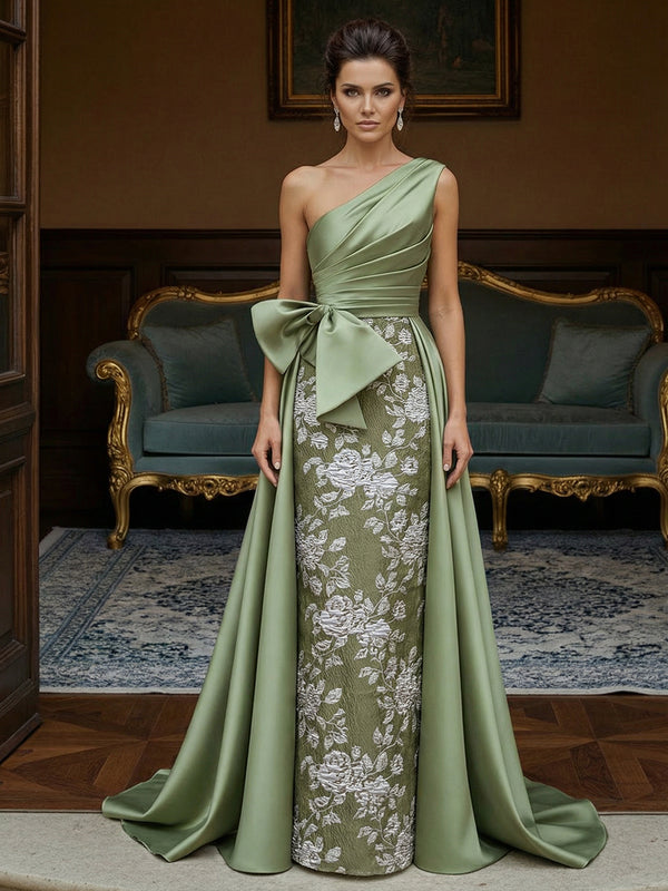 Jacquard Sheath One-Shoulder Ruched Long Evening Dresses with Bow