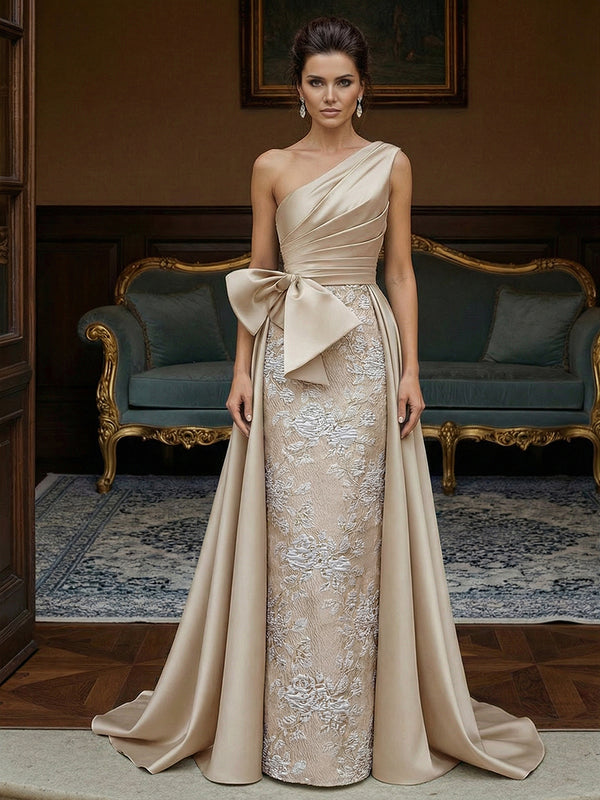 Jacquard Sheath One-Shoulder Ruched Long Evening Dresses with Bow