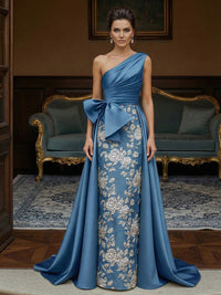 Jacquard Sheath One-Shoulder Ruched Long Evening Dresses with Bow