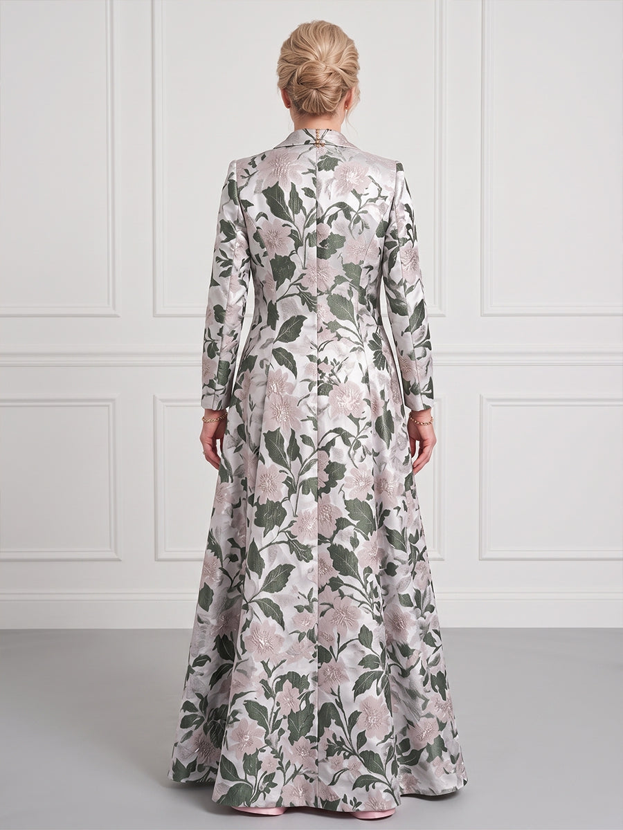 Women's Jacquard Long Coat Slim Floral Overcoat
