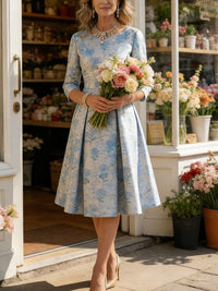 A-Line 3/4 Sleeve Round Neck Knee-Length Mother of the Bride Dresses with Jacquard