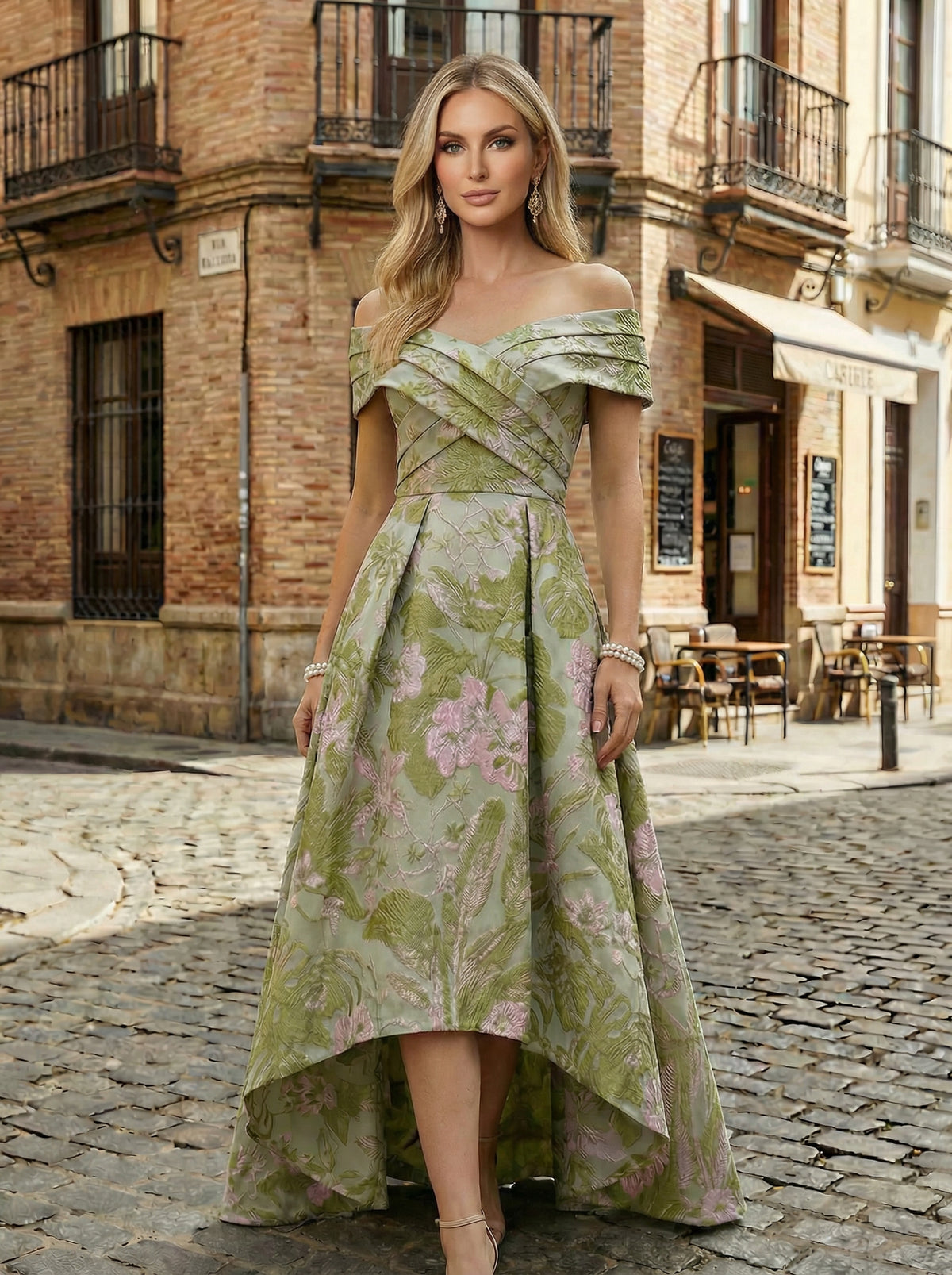 Shirees Dusty Blue Floral Jacquard A-Line Off Shoulder Mother of the Bride & Groom Dresses with High-Low Hem 2026