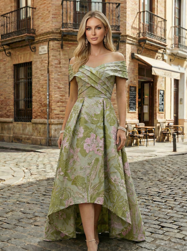 Shirees Dusty Blue Floral Jacquard A-Line Off Shoulder Mother of the Bride & Groom Dresses with High-Low Hem 2026