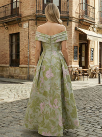 Floral Jacquard A-Line Off Shoulder Mother of the Bride & Groom Dresses with High-Low Hem