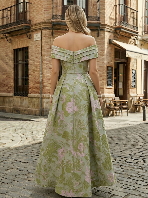 Floral Jacquard A-Line Off Shoulder Mother of the Bride & Groom Dresses with High-Low Hem