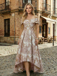 Floral Jacquard A-Line Off Shoulder Mother of the Bride & Groom Dresses with High-Low Hem