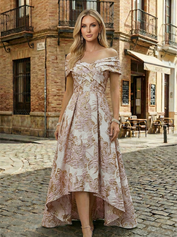 Floral Jacquard A-Line Off Shoulder Mother of the Bride & Groom Dresses with High-Low Hem