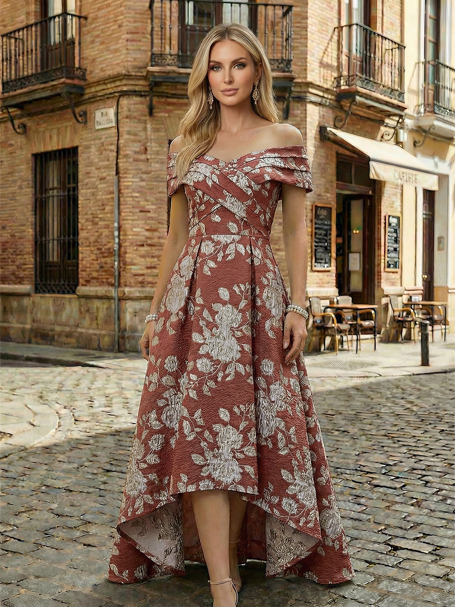 Floral Jacquard A-Line Off Shoulder Mother of the Bride & Groom Dresses with High-Low Hem