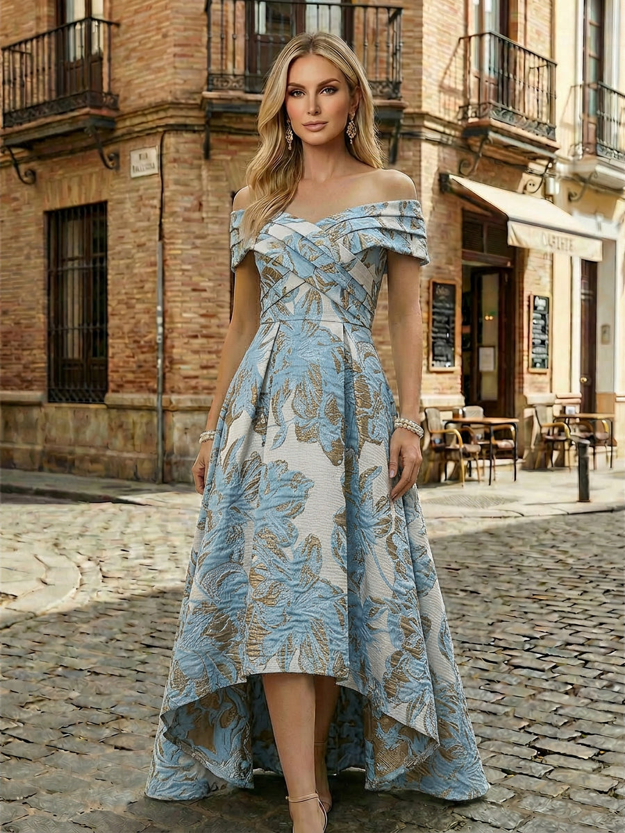Floral Jacquard A-Line Off Shoulder Mother of the Bride & Groom Dresses with High-Low Hem