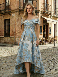 Floral Jacquard A-Line Off Shoulder Mother of the Bride & Groom Dresses with High-Low Hem
