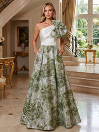 A-Line Floral Jacquard One Shoulder Mother of the Bride & Groom Dresses Floor-Length Evening Gowns with Bow