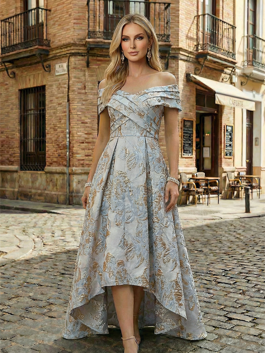 Floral Jacquard A-Line Off Shoulder Mother of the Bride & Groom Dresses with High-Low Hem
