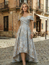 Floral Jacquard A-Line Off Shoulder Mother of the Bride & Groom Dresses with High-Low Hem