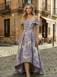 Floral Jacquard A-Line Off Shoulder Mother of the Bride & Groom Dresses with High-Low Hem