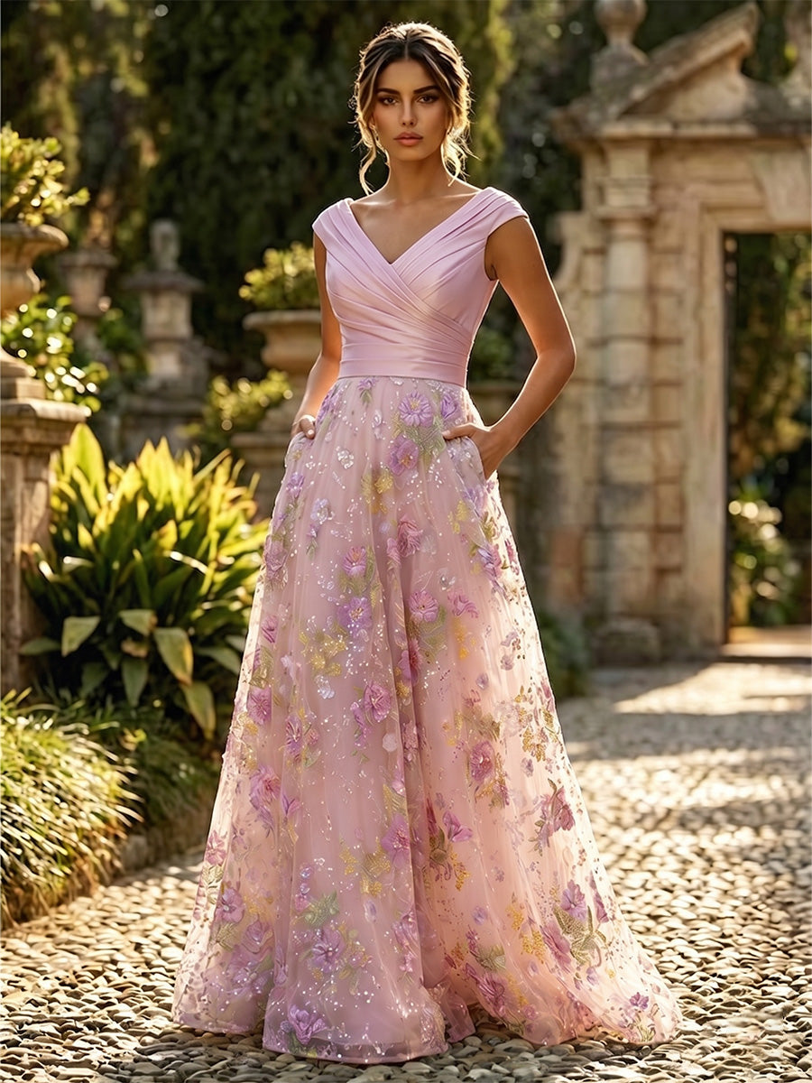 A-Line Floral Jacquard Floor-Length Mother of the Bride & Groom Dresses with Ruched Satin Bodice