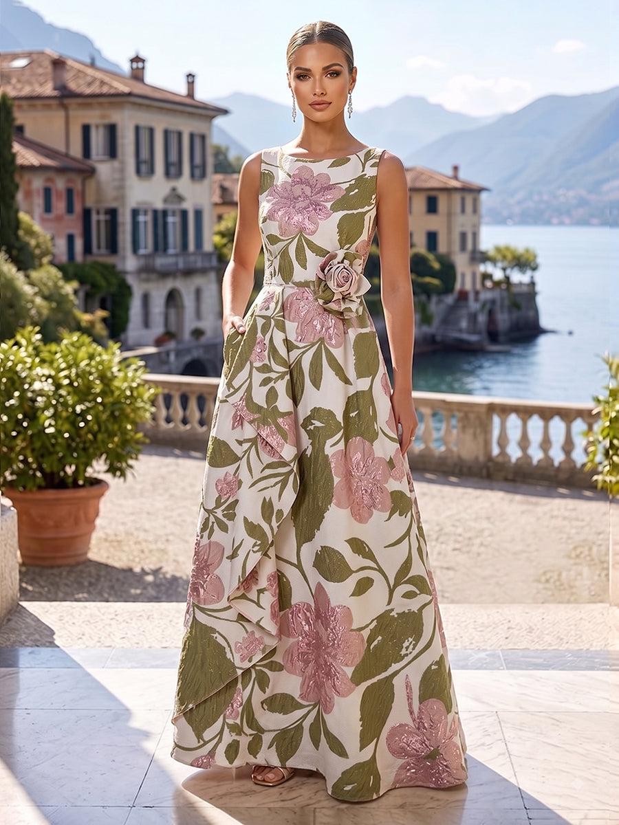 Jacquard A-Line/Princess Scoop Neck Floor-Length Mother of the Bride & Groom Dresses with Ruffles, Pleats & Pockets