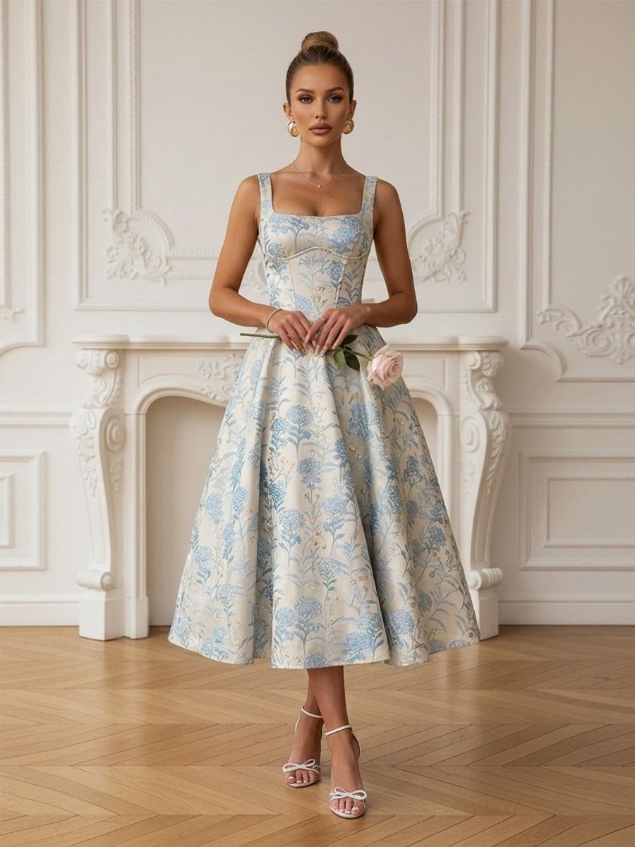 2026 Dusty Blue Jacquard Prom Dresses for Teens Vintage Square Neck Midi Cocktail Dress Tea-Length Formal Dresses