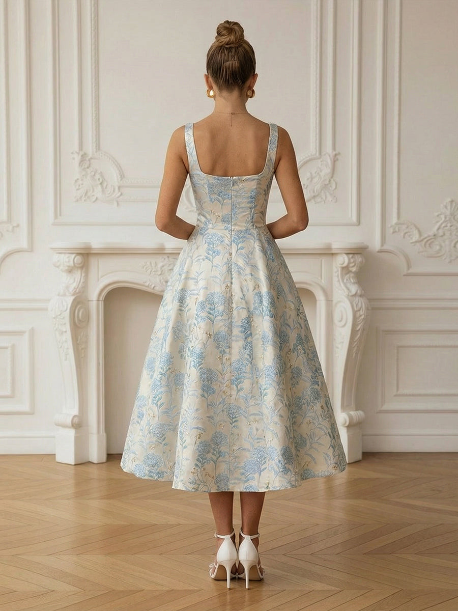 Vintage Square Neck Midi Prom Dress for Teens Jacquard Cocktail Dress