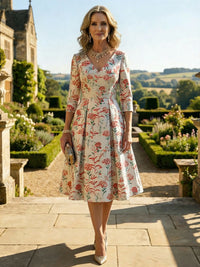 A-Line 3/4 Sleeve V-Neck Knee-Length Mother of the Bride Dresses with Jacquard