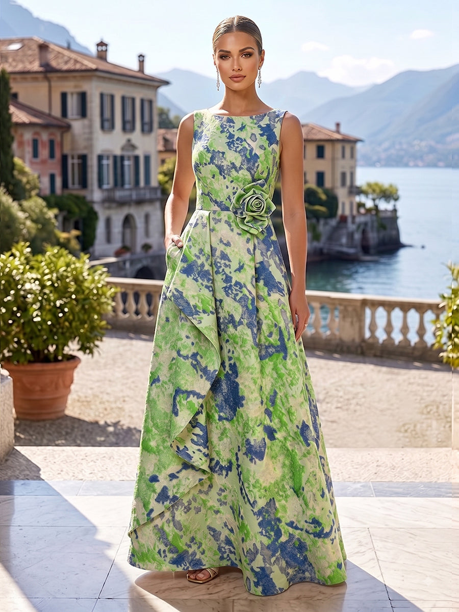 Jacquard A-Line/Princess Scoop Neck Floor-Length Mother of the Bride & Groom Dresses with Ruffles, Pleats & Pockets