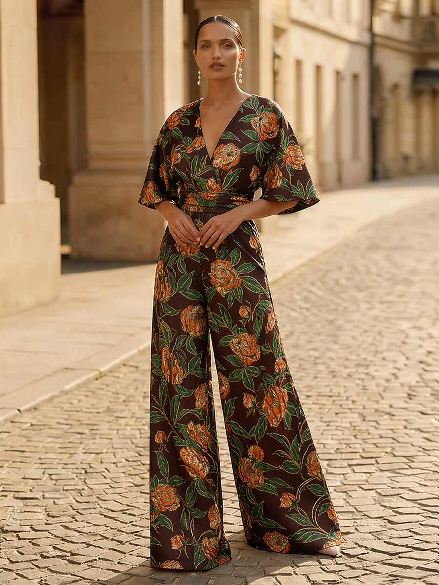 Jacquard Pantsuit V-Neck Floor-Length Formal Dresses with Ruched Waist