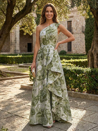 Jacquard A-Line/Princess One Shoulder Floor-Length Evening Dresses with Ruffles
